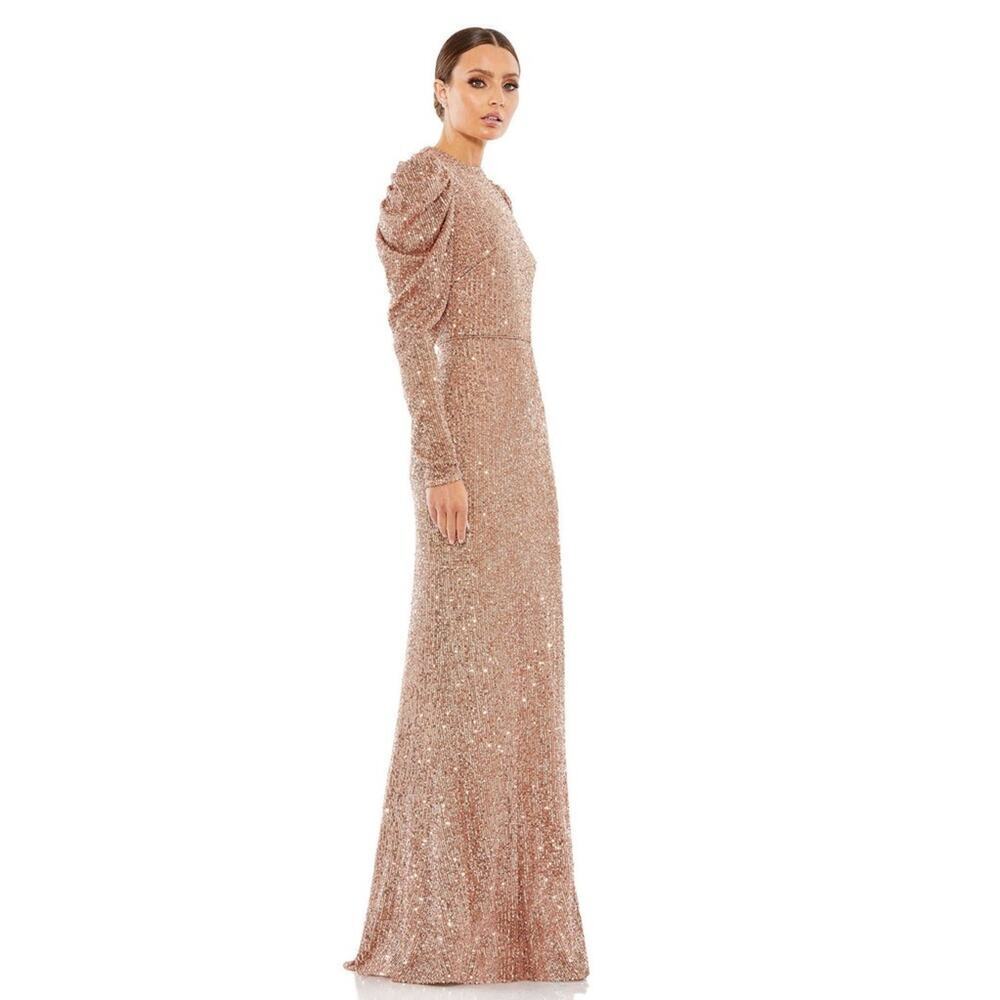 Mac Duggal SEQUINED HIGH NECK PUFF LONG SLEEVE COLUMN GOWN Gold 8 - Picture 3 of 7